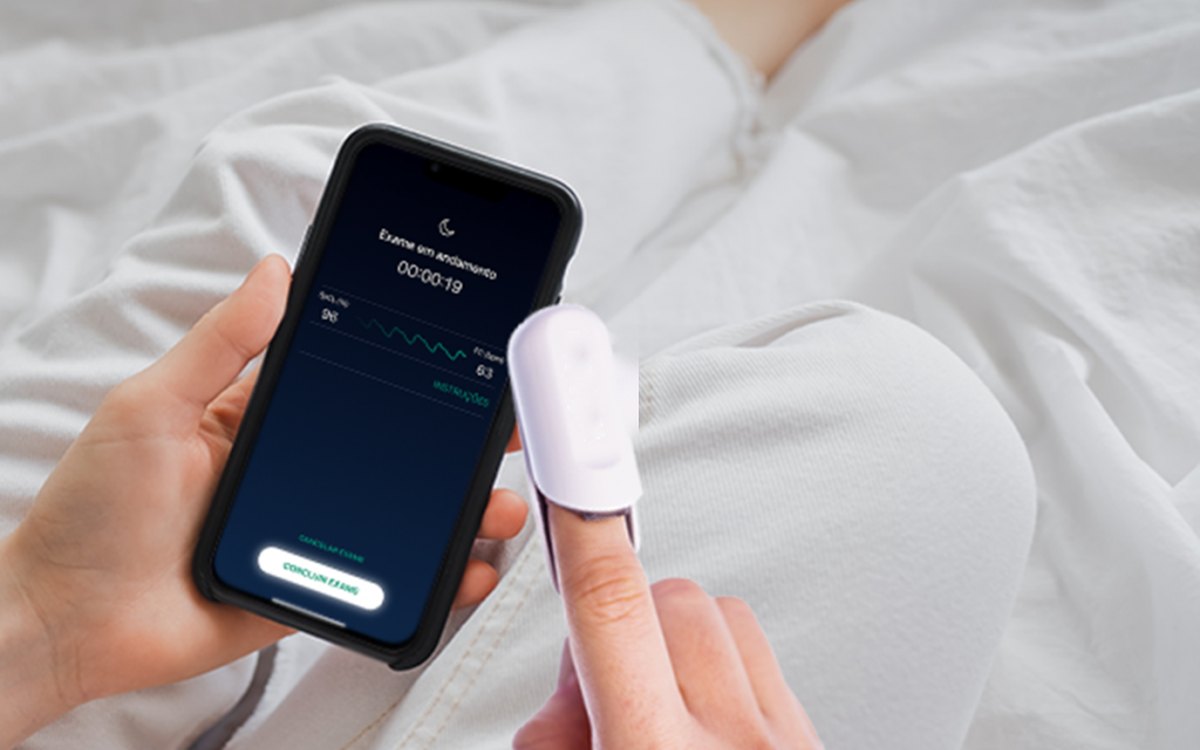 Exame de sono domiciliar — sensor na ponta do dedo e aplicativo